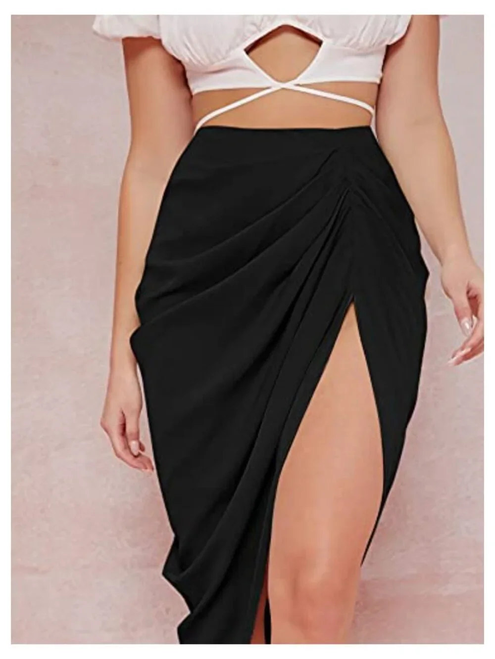 Women's Split Front Satin Midi Skirt High Waist Ruched Wrap Bodycon Zip Back